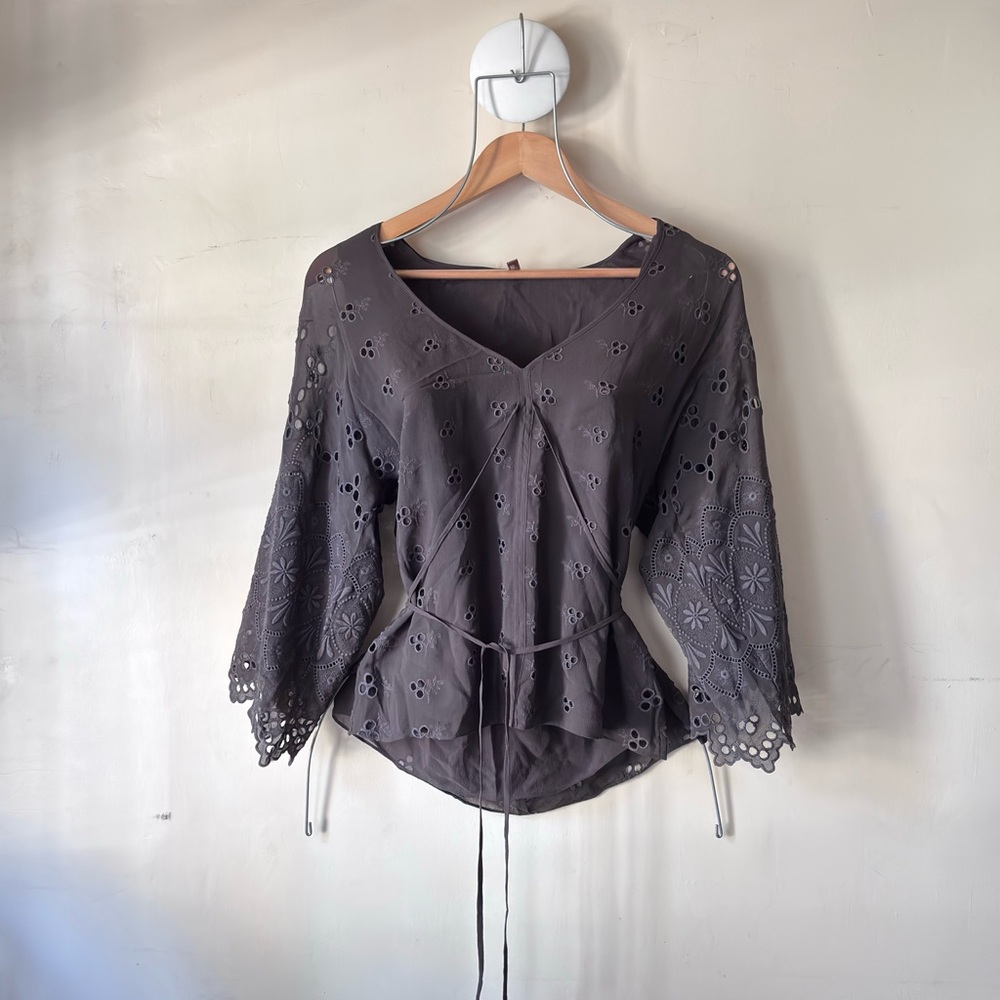 Mint Brown Silk Eyelet Lace Up Top